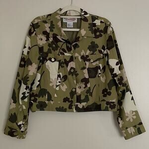 Vintage Honolulu Lulu Green Floral Camo Print 100% Silk Lightweight Crop Jacket